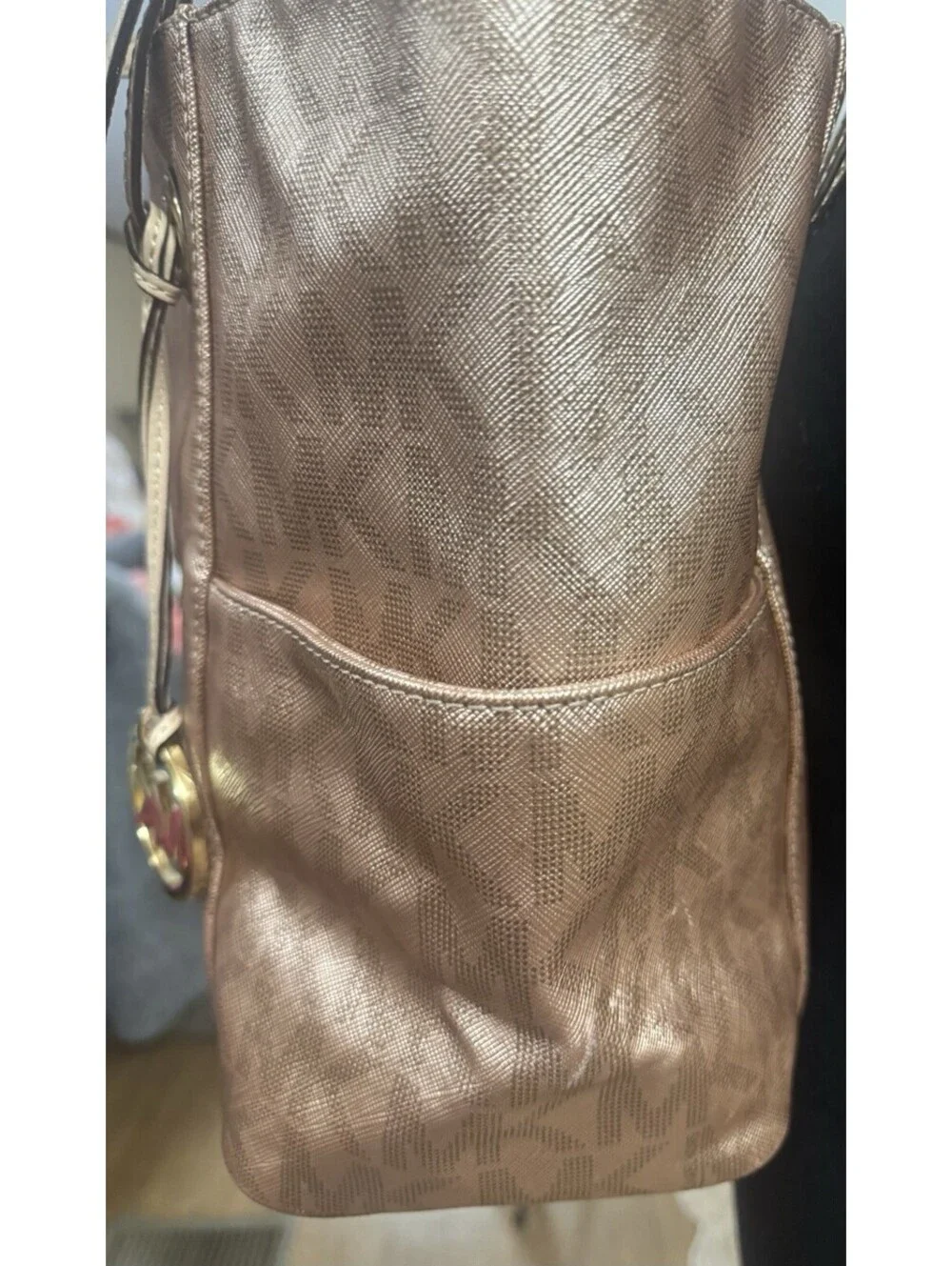 Michael Kors Large Metallic Rose Gold MK Logo Tote Shoulder Bag Gold Hardware